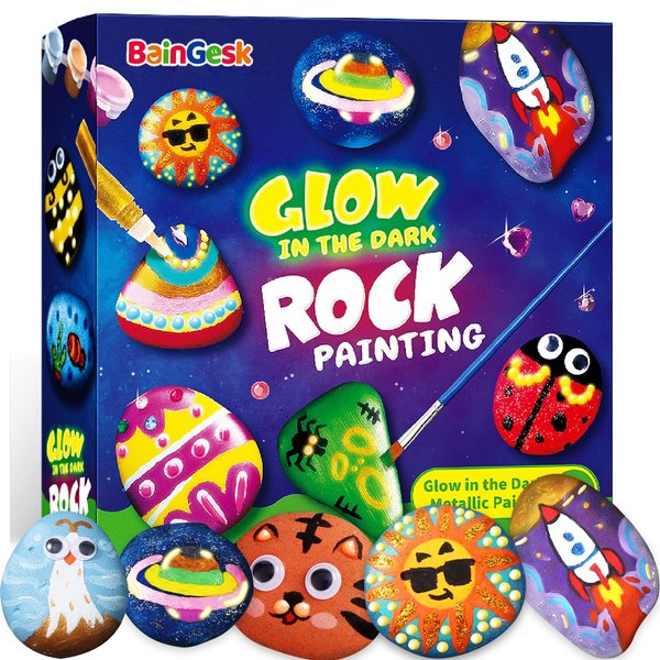 BainGesk Glow in The Dark Rock Painting Kit for Kids, Painting Rock Crafts Set, Arts and Crafts Gifts for Ages 6-8, Creative Activities Art Toys for 6, 7, 8, 9, 10, 11, 12 Year Old Kids