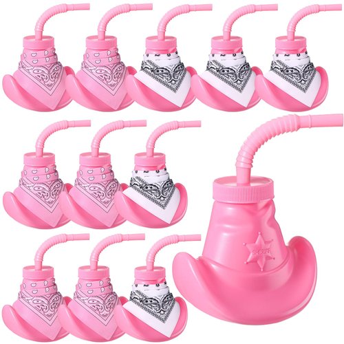 Gerrii 12 Pcs Cowboy Hat Cups with Lids and Straws, 10 oz Plastic Western Themed Party Cups with Mini Bandanas for Rodeo and Cowgirl Party Supplies Decorations (Pink, Pink, White)