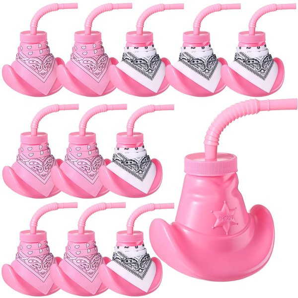 Gerrii 12 Pcs Cowboy Hat Cups with Lids and Straws, 10 oz Plastic Western Themed Party Cups with Mini Bandanas for Rodeo and Cowgirl Party Supplies Decorations (Pink, Pink, White)