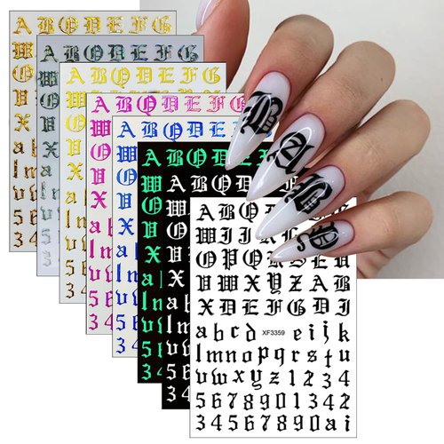 8 Sheets Old English Nail Sticker Holographic Letter Nail Art Decals 3D Self-Adhesive Alphabet Nail Art Supplies 8colors Letters Words Nail Design for Women Girls DIY Manicure Tip Nail Decoration