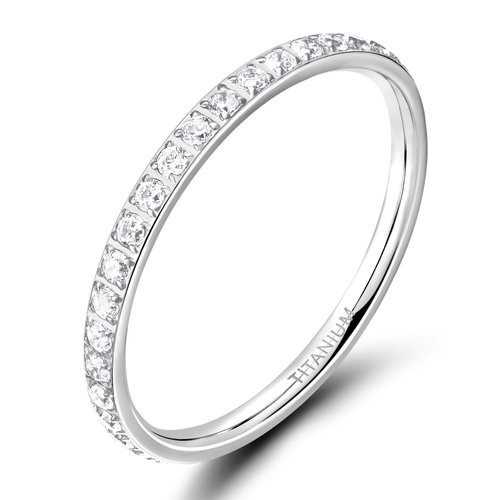 TIGRADE 2mm Women Titanium Eternity Ring Cubic Zirconia Anniversary Wedding Engagement Band Size 3-13.5 (Silver, 7)