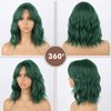 Dark Green Wavy Bob Wig with Curtain Bangs Synthetic Short Green Curly Bob Wigs with Bangs for Women Bob Curly Wavy Wig Natural Hair Shoulder Length Wigs for Women(Green)