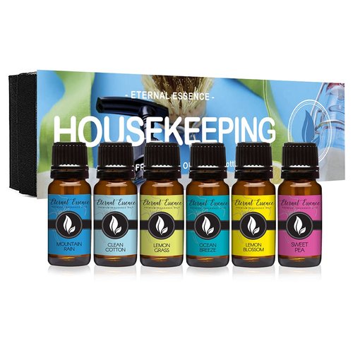 Eternal Essence Oils Housekeeping Set of 6 Premium Fragrance Oils - Clean Cotton, Lemon Blossom, Lemon Grass, Sweet Pea, Ocean Breeze and Mountain Rain - for Candle, Soap Making, & More - 10ML