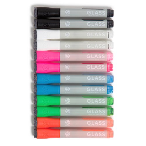 U Brands Liquid Glass Board Dry Erase Markers With Erasers, Set of 12, Assorted Colors, Low-Odor, Bullet (3 mm) Point