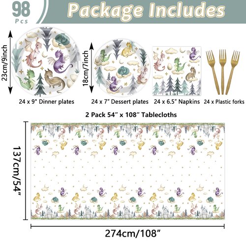 98 Pcs Watercolor Dragon Tableware Set Magic Dragon Party Plates Napkins Dragon Table Cover Fantasy Dragon Dinnerware for Kid Boy Girl Birthday Party Decorations Favors for 24 Guest