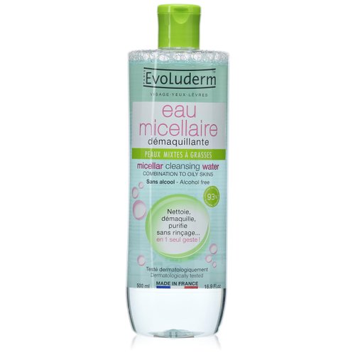 Evoluderm Micellar Water Facial Cleansing and Makeup Remover, For Combination To Oily Skin, Alcohol Free, Dermatologist Tested, 16.9 Ounces, Made In France