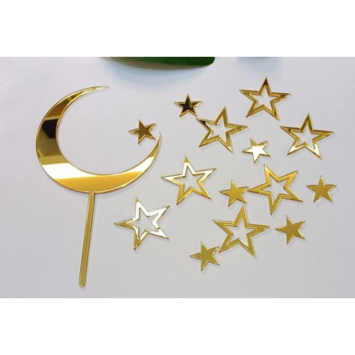 Set of 15pcs Moon Star Acrylic Cake Topper,Hollow Stars&Moon Celestial Wedding Cake Topper,Kids Babyshower Birthday Party Supplies(Gold)