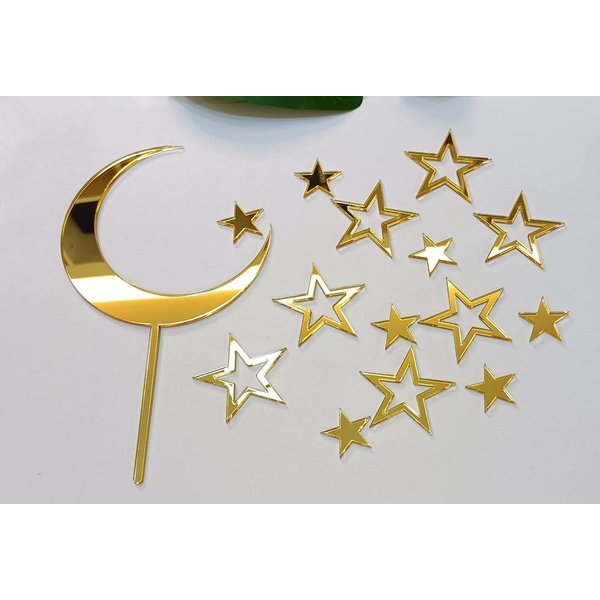 Set of 15pcs Moon Star Acrylic Cake Topper,Hollow Stars&Moon Celestial Wedding Cake Topper,Kids Babyshower Birthday Party Supplies(Gold)