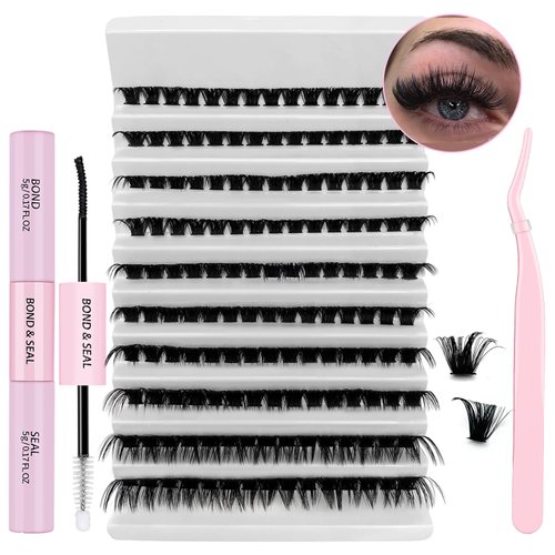 KMILRO Lash Clusters DIY Individual Lash Extension Kit, 150PCS, Fluffy 9-16MIX 100D Lash Clusters Kit with Lash Bond & Seal and Applicator Tools for Lash Extension Beginners