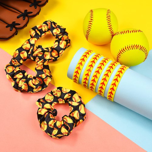 WILLBOND 20 Pcs Softball Volleyball Party Favors Set Include 10 Sport Hair Scrunchies Elastic Hairband Hair Tie Sport Themed 10 Silicone Adjustable Charm Bracelet(Softball Pattern)