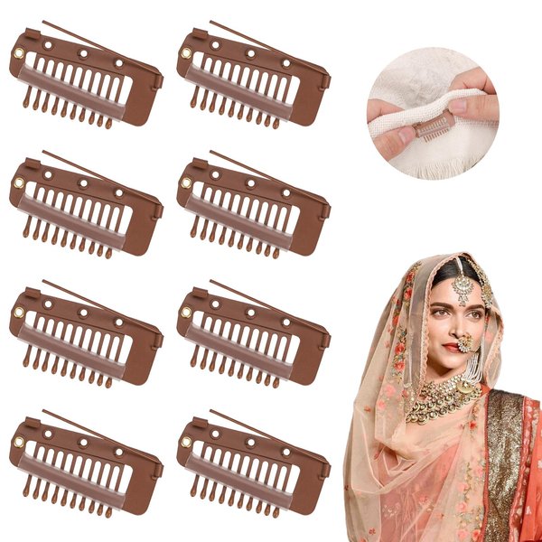 PEUTIER 8pcs Hair Clip with Safety Pin, Wig Clip for Woman Tikka, Chunni Grip Dupatta Clips, Hair Extension Clips (Brown, 3.5cm / 1.4 inch)