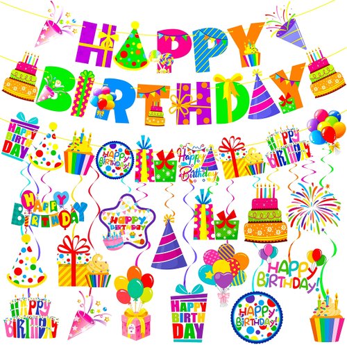Colorful Birthday Party Banners Happy Birthday Party Decoration Set Birthday Party Hanging Swirls Rainbow Birthday Cutout Hanging Decorations for Muti Color Baby Shower Supplies