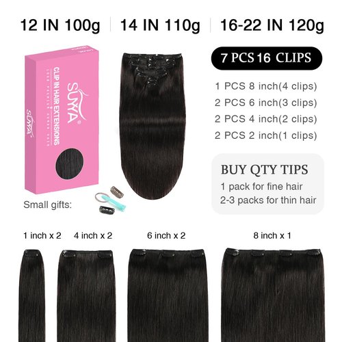 SUYYA 16 Inch 120g 7pcs Clip in Hair Extensions, Straight Double Weft Natural Black (16 inches #1B Off Black)