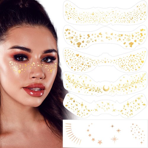 OIIKI 6 Sheets Glitter Face Makeup Stickers, Gold Freckles Face Tattoo for Women, Heart Star Moon Shape Waterproof Glitter Freckles Face Tattoo Stickers for Parties, Christmas