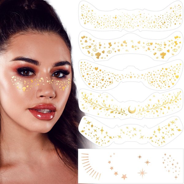 OIIKI 6 Sheets Glitter Face Makeup Stickers, Gold Freckles Face Tattoo for Women, Heart Star Moon Shape Waterproof Glitter Freckles Face Tattoo Stickers for Parties, Christmas