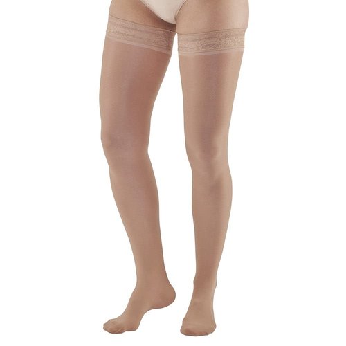 Ames Walker AW Style 285 Signature Sheers 20-30 mmHg Firm Compression Closed Toe Thigh High Stockings w/Top Band LtBeige Medium