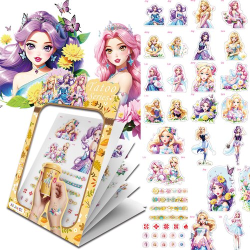 Kids Temporary Tattoo, 4 Sheets Waterproof Tattoo Stickers for Girls and Boys, Fake Cartoon princ...