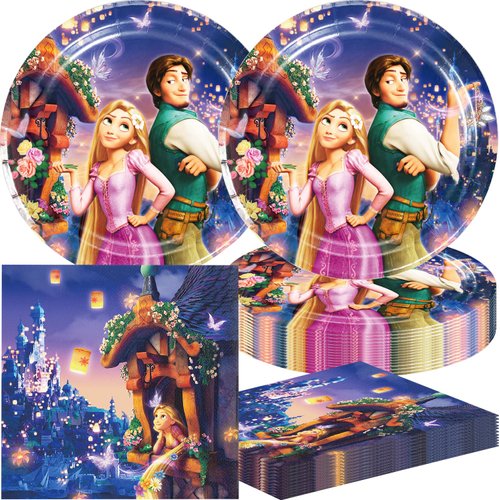 Omto 40Pcs Rapunzel Party Supplies include 20 plates, 20 napkins for the Tangled birthday party decoration
