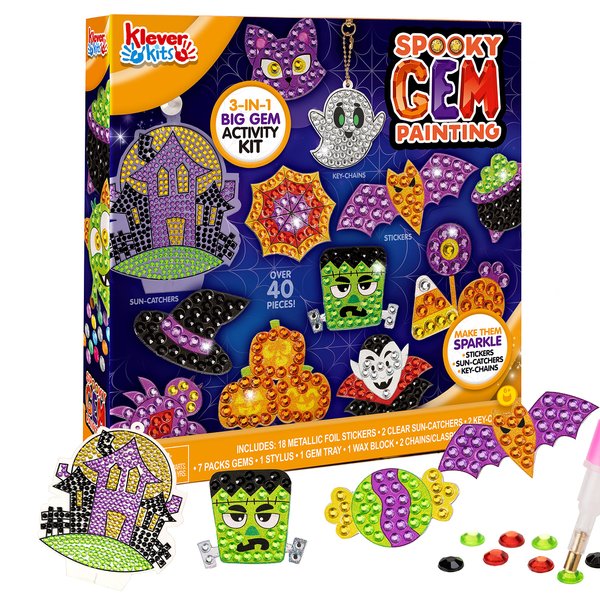 Klever Kits Halloween Gem Art Kit, Kids Halloween Art Crafts Party Supplies, Diamond Painting Kit with Stickers, Suncatchers, and Keychains, Party Favor DIY Activities School Game Goodies Gift