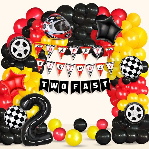 Race Car Birthday Party Decorations Balloon Arch Garland Kit - Red Black Yellow Balloons Happy Birthday Two Fast Banner Racing Theme Decor Supplies for Boys