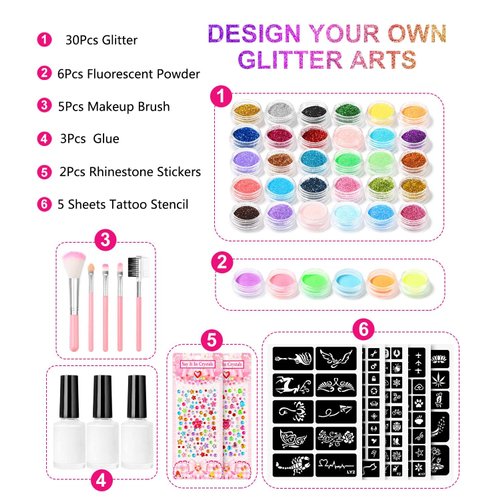Temporary Glitter Tattoo Kit for Kids makeup,30 Body Glitter,3 Glitter Glue,5 Sheets Tattoos Stencil,5 Pcs Makeup Brush,6 Fluorescent Powder,Rhinestone Stickers,Holiday,Party,Nail Art