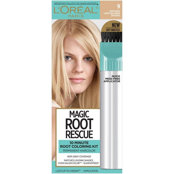 L'Oreal Paris Magic Root Rescue 10 Minute Root Hair Coloring Kit, Permanent Hair Color with Quick Precision Applicator, 100 percent Gray Coverage, 9 Light Blonde, 1 kit (Packaging May Vary)