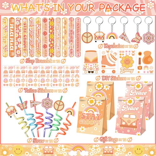 Groovy Party Favors 72 PCS Retro Boho Slap Bracelets DIY Stickers Temporary Tattoos Keychains Plastic Straws Gift Bags for Retro 60s 70s Boho Themed Birthday Party Baby Shower Classroom Rewards