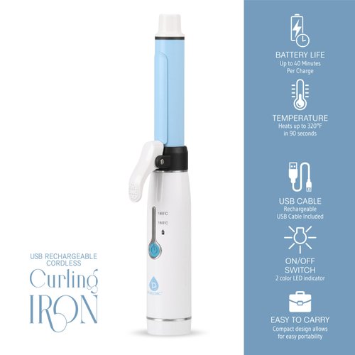 Pursonic Portable Cordless Professional Salon Quality Rechargeable USB Curling Iron, Easy to Carry, Charge Up to 40 Minutes of Use