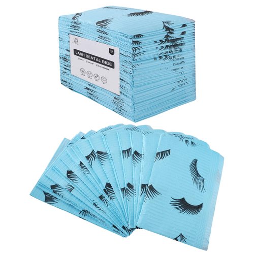 PRASNE Lashing Dental Bibs Disposable Pack of 50, Lash Pillow Cover of Lash Supplies, Blue 3-Ply Paper Poly Waterproof Towels, 13” x 18”, Black Eyelash Printed