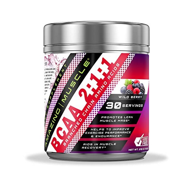 Amazing Muscle BCAA 2:1:1 Branched Chain Amino Acids - 6,000 MG - Promotes Lean Muscles - Supports Swifter Muscle Recovery - Enhances Endurance Levels (Wild Berry, 30 Servings)