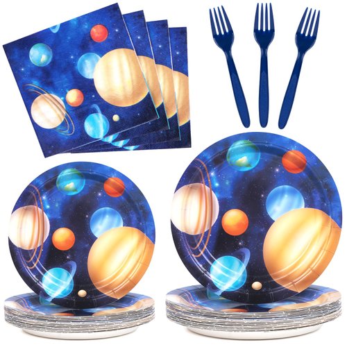 DECORLIFE Space Themed Party Supplies Serve 24, Outer Space Party Decorations for Boys, Planet Plates Napkins Forks for Space Solar System Birthday, Total 96 PCS