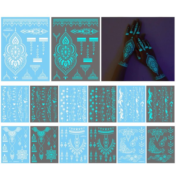 HAIIDOAK Temporary Tattoos (Starlight), 9 Pcs Glow in the Dark Henna Tattoo Kit, Perfect for Choker, Hand and Collar Decoration Rave Festival Accessories (Style B)