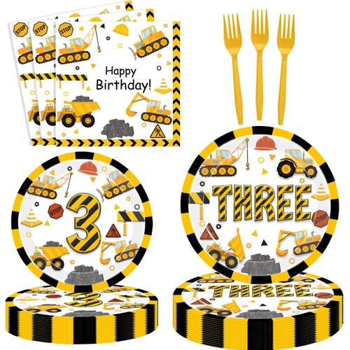Letromp 80 Pcs Construction 3rd Birthday Decorations Construction Three Years Old Disposable Paper Dinner Plates Napkins Forks Dinnerware for Dump Truck Theme 3rd Bday Party Supplies Decorations