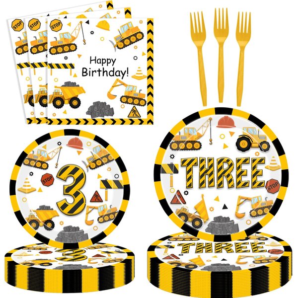 Letromp 80 Pcs Construction 3rd Birthday Decorations Construction Three Years Old Disposable Paper Dinner Plates Napkins Forks Dinnerware for Dump Truck Theme 3rd Bday Party Supplies Decorations