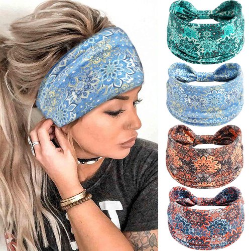 SAWINDA Boho Headbands for Women Vintage Floral Pattern Knotted Hair Bands Elastic Non-Slip Soft Sweat Head Bands African Sports Yoga Turban Headband Hair Accessories (Pack of 4)