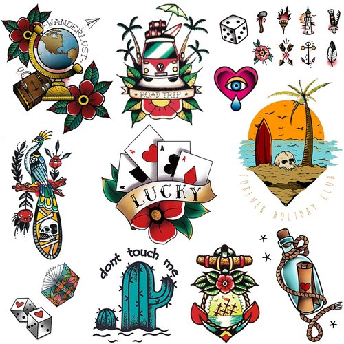 CARGEN Traditional Temporary Tattoos - Old School Vintage Classic Cool Stickers Sailor Jerry Style Flower Globe Beach Coconut Tree Skull Poker Drifting Bottle Dice Torch Temporary Tattoo Fake Tattoo