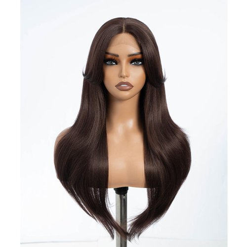 DÉBUT Chocolate Brown Synthetic Lace Front Wigs with Curtain Bangs, Long Straight Layered Wigs with Bangs, Middle Part with Natural Hairline Lace Front Wigs for Women, Brown Color 26 Inches