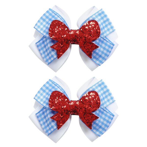 2PC Blue White Gingham Hair Bow Clips 3.5 Inch Checker Pigtail Bows Wizard Halloween Costume Accessories for Dorothy