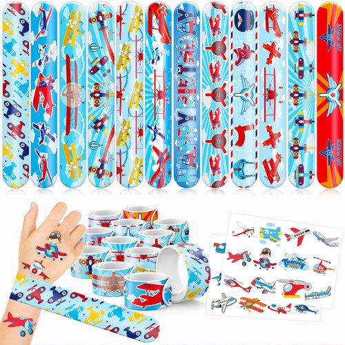 48PCS Airplane Party Favors 24PCS Tattoos 24PCS Slap Bracelets Wristbands Themed Birthdays Party Supplies Decorations Decor Pattern Girls Boys Gifts School Classroom Prize Carnival Christmas Reward