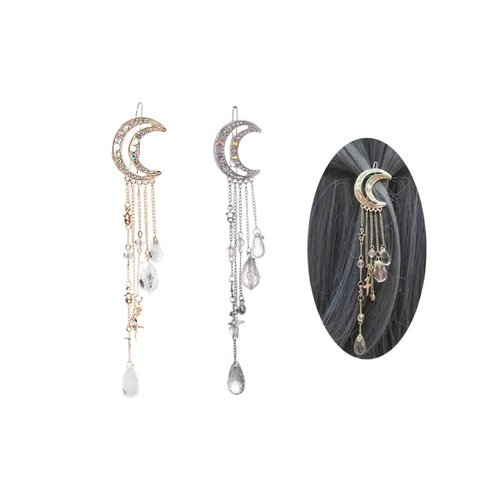 2 Pack Romantic Rhinestone Crescent Moon Star Charm Hair Clips, Crystal Beads Tassel Drop Hair Pins Chain Hairpin for Women Bridal Jewelry Hair Accessories (Silver, Gold)