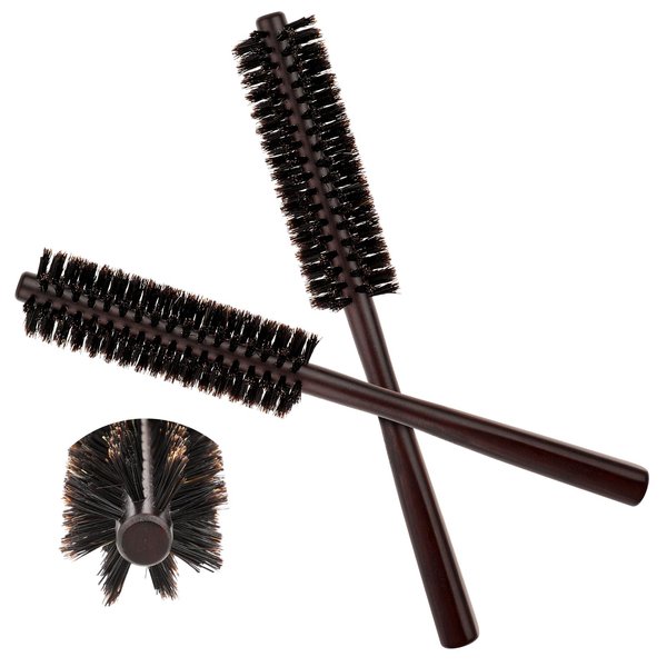 Jeffdad 2 Pcs Small Round Hair Brush, Boar Bristle Round Hair Brush with Wooden Handle, Blow Drying Hairbrush for Women and Men Hair Style Curl and Dry