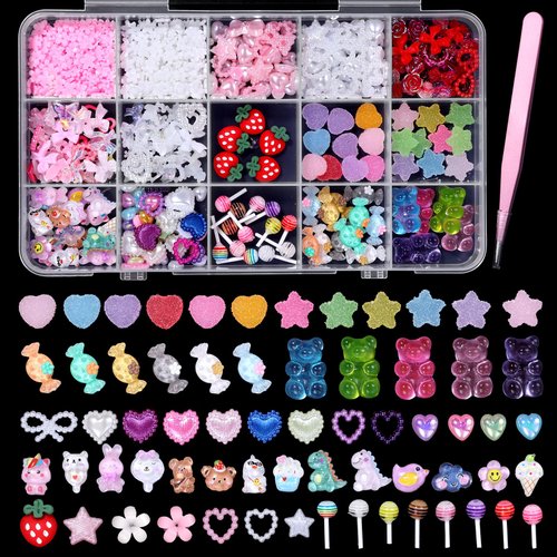 Candy Nail Charms, Candy Bears Flowers Flatback Pearls Multi Shapes and Colors Heart Star Srawberry Lollipop Nail Charm Assorted Cute Nail Charms for Nail Art DIY with Pickup Tools