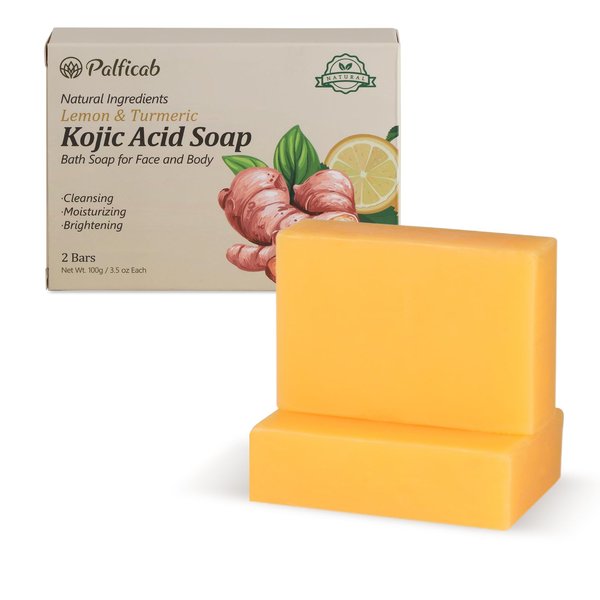 PALFICAB Lemon Turmeric Kojic Acid Soap for Women – Kojic Acid Soap with Turmeric, Vitamin C, Coconut Oil, Tea Tree Oil, and Shea Butter, Gifts for Women, Includes 2 bars