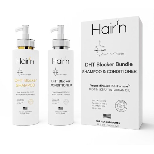 HAIR’n DHT Blocker Shampoo & Conditioner Set, Vegan Formula with Biotin, Argan Oil, Keratin & 30 Exotic Botanicals, Moisturizes & Promotes Hair Growth, Sulfate-Free, Paraben-Free, Safe for Men & Women