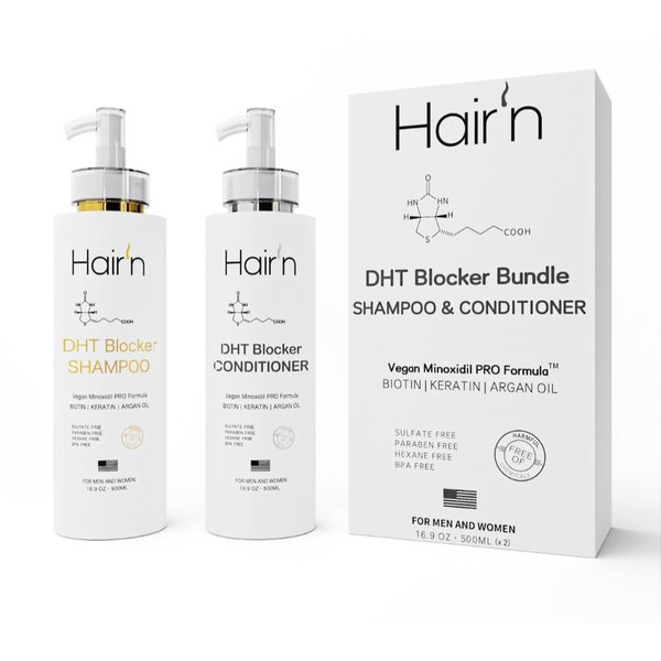 HAIR’n DHT Blocker Shampoo & Conditioner Set, Vegan Formula with Biotin, Argan Oil, Keratin & 30 Exotic Botanicals, Moisturizes & Promotes Hair Growth, Sulfate-Free, Paraben-Free, Safe for Men & Women