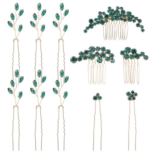 11 Pcs Green Crystal Wedding Hair Pins Vintage Emerald Green Headpieces Bridal Hair Pins Hair Piece U-shaped Hair Pins Wedding Bridal Rhinestone Hair Side Combs Hair Accessories for Brides Women Girls