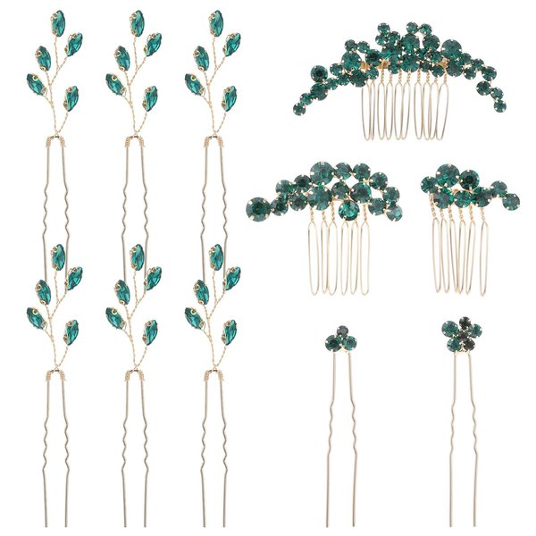 11 Pcs Green Crystal Wedding Hair Pins Vintage Emerald Green Headpieces Bridal Hair Pins Hair Piece U-shaped Hair Pins Wedding Bridal Rhinestone Hair Side Combs Hair Accessories for Brides Women Girls