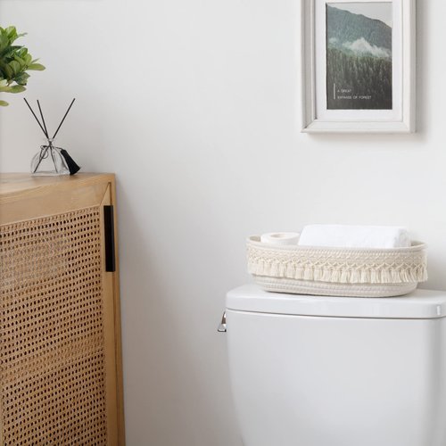 Dahey Woven Basket Macrame Storage Basket for Toilet Tank Top Boho Bathroom Decor Toilet Paper Basket for Bathroom Organizing, Gift Baskets Empty for Counter Table Bedroom Living Room Nursery, White