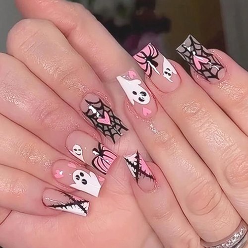 LRKNNO Halloween Square Press on Nails Medium Fake Nails Cute Pumpkin Ghost Acrylic Press ons Halloween Glue on Nails Glossy Pink False Nails for Women Holiday Artificial Manicure Decoration 24Pcs
