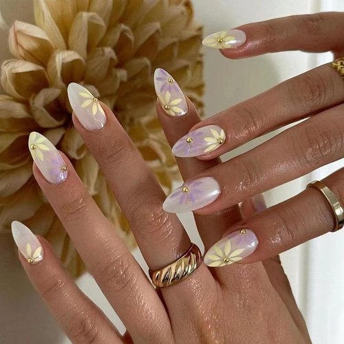 Flower Press on Nails Medium Length Almond Fake Nails Acrylic Flowers False Nails Reusable Stick On Nails for Women and Girls 24PCS